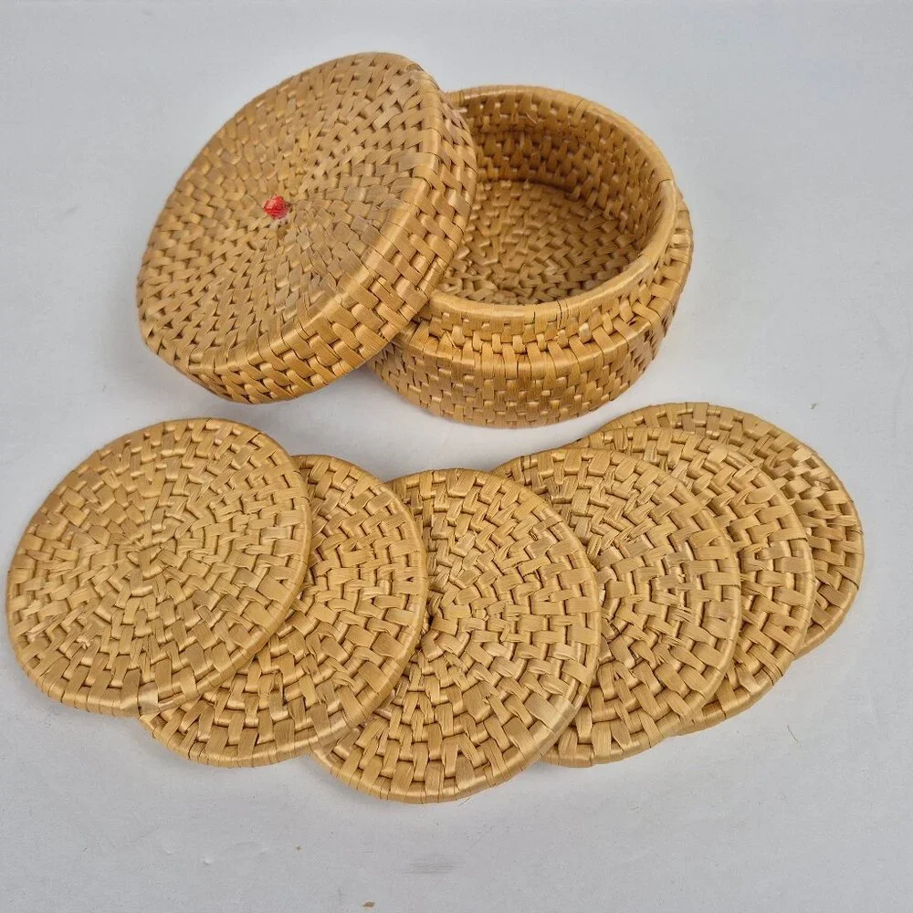 Vintage Wicker Rattan Coaster Set with Lidded Round Basket Case